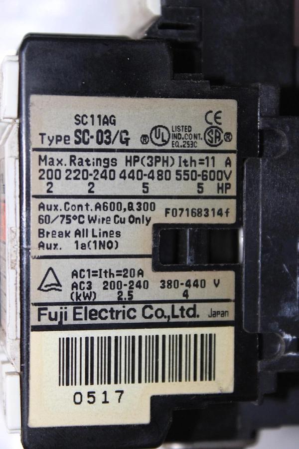 Used FUJI ELECTRIC CONTACTOR SC-03/G SC11AG 600 VOLT 20 AMP 4 kW COIL: 24 VDC