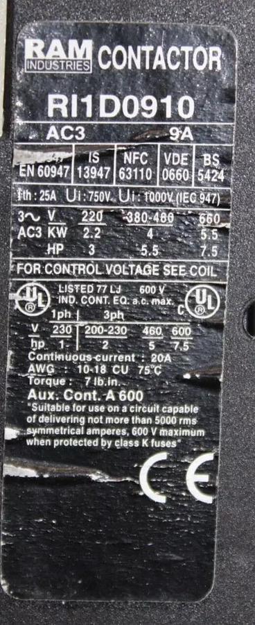 Used RAM STARTER RI1D0910 20 AMP 600 VAC 7.5 HP W/ RI2-D09308 OVERLOAD