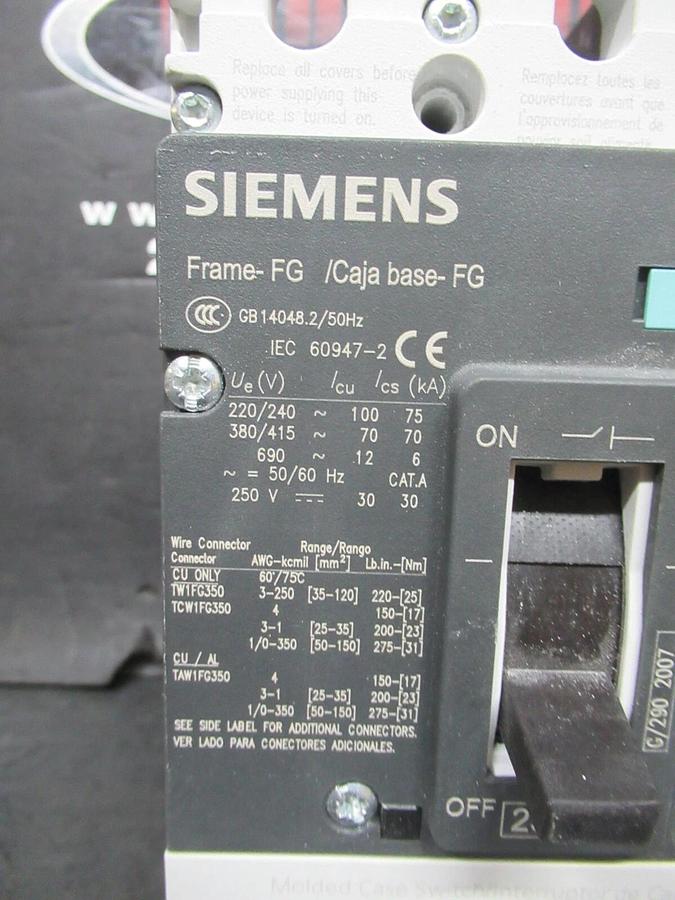 Used SIEMENS CIRCUIT BREAKER HFS3S250L TYPE: HFGA FRAME: FG 200 AMP 600 VAC 3-POLE