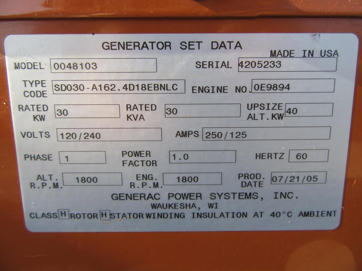 Used 30 KW DIESEL GENERATOR GENERAC 120/240 VOLT SINGLE PHASE 277 HOURS VIDEO WE SHIP