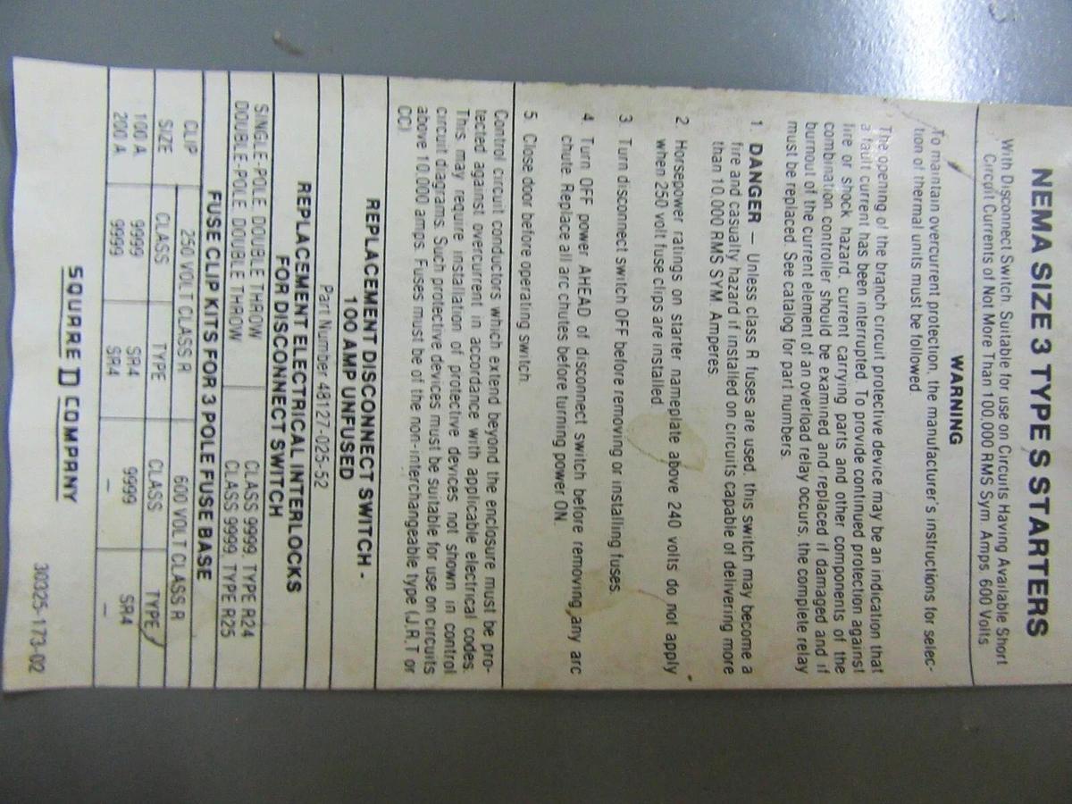 Used SQUARE D MCC FUSIBLE STARTER BUCKET 18" MODEL: 4 NEMA 3 W/8536-SEO1