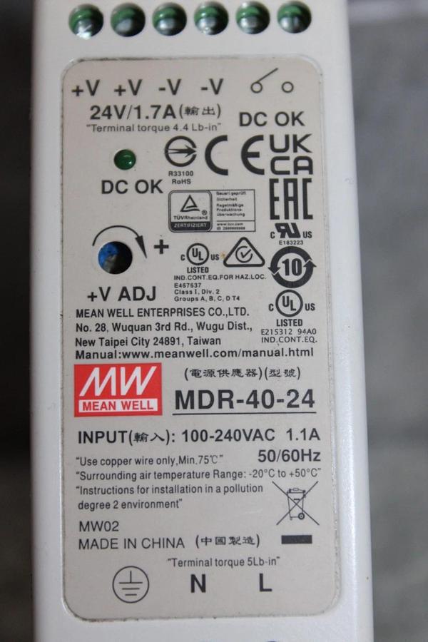 Used MEAN WELL POWER SUPPLY MDR-40-24 INPUT: 100-240 VAC 1.1A OUTPUT: 24 VDC 1.7A