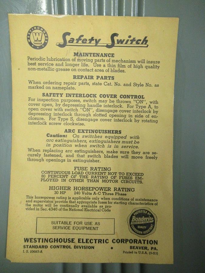 Used WESTINGHOUSE FUSIBLE SAFETY SWITCH CAF-323 100 AMP 240 VAC