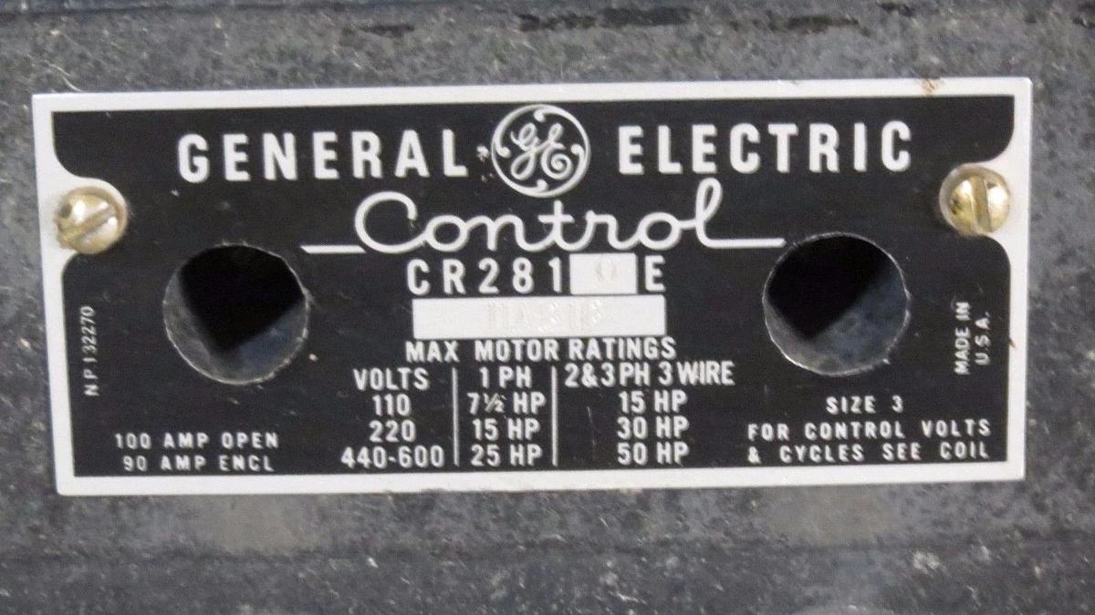 Used GENERAL ELECTRIC NEMA CONTROL STARTER CR2810EDAB1B 600 VOLT 100 AMP SIZE 3