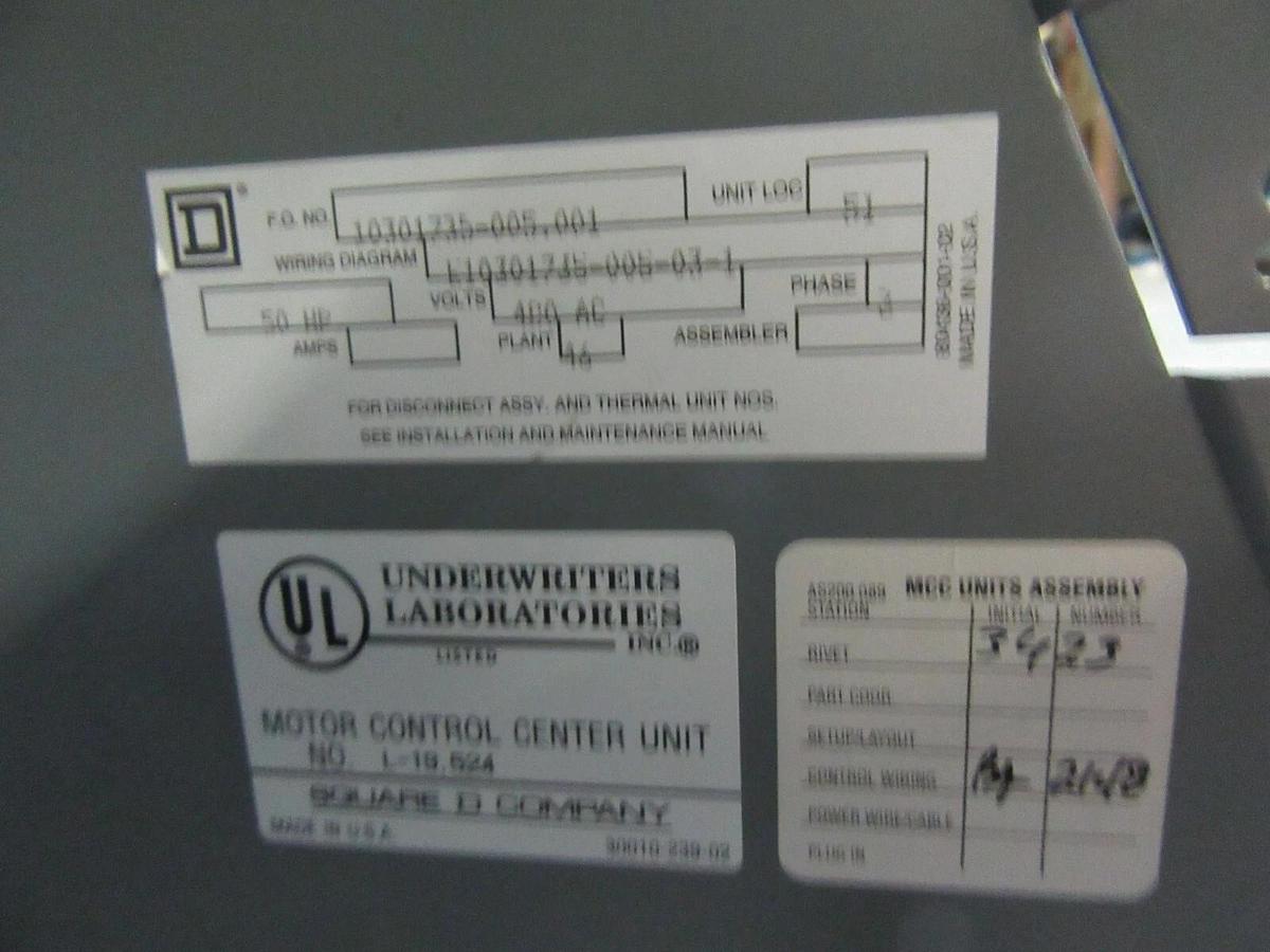 Used SQUARE D MODEL 5 24" MCC BUCKET HU100-3CM5 NEMA SIZ 3 W/ 8536SE01