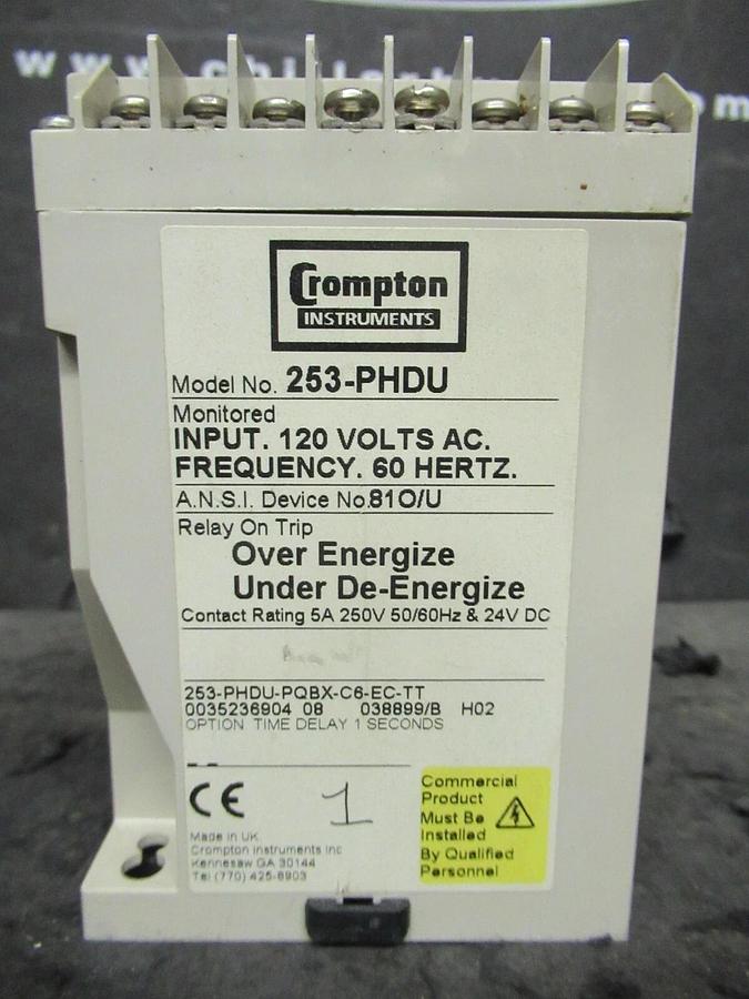 Used CROMPTON INSTRUMENTS 253-PHDU OVER ENERGIZE UNDER DE-ENERGIZE MONITOR RELAY