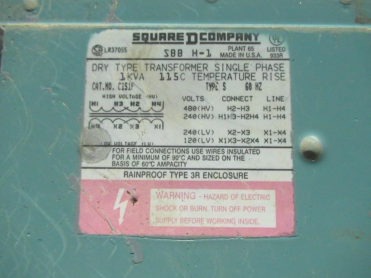 Used SQUARE D TRANSFORMER C1S1F 1KVA 60HZ 480V 1-PHASE **WARRANTY INCLUDED**