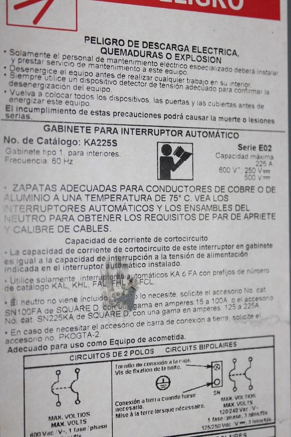 Used SQUARE D TYPE 1 CIRCUIT BREAKER ENCLOSURE KA225S FOR KAL FAL BREAKERS 225A 600V