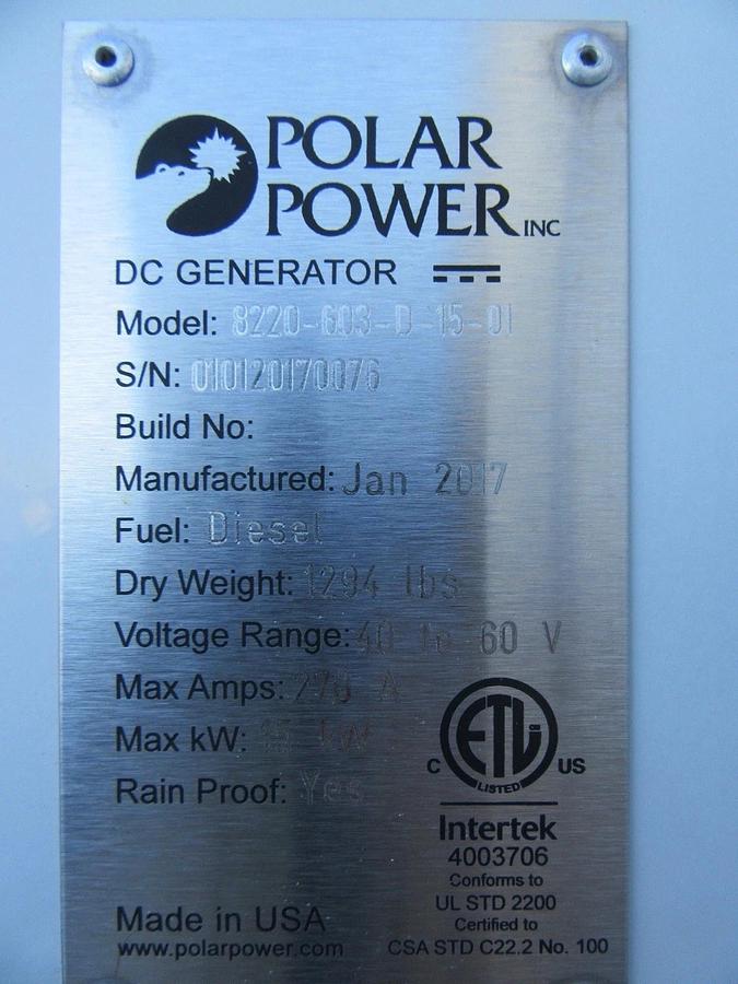 Used POLAR POWER 15KW DC GENERATOR DIESEL YANMAR 3TNV88 40-60V DC 105 HRS 2017 *VIDEO