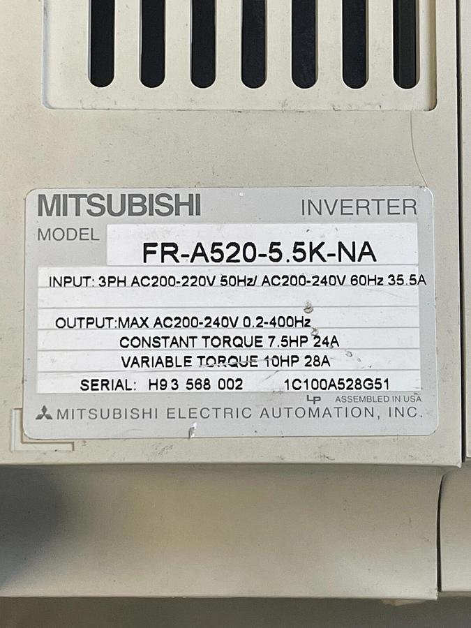 Used MITSUBISHI INVERTER DRIVE A500 FR-A520-5.5K-NA 240 VAC 35.5 AMP **WARRANTY**