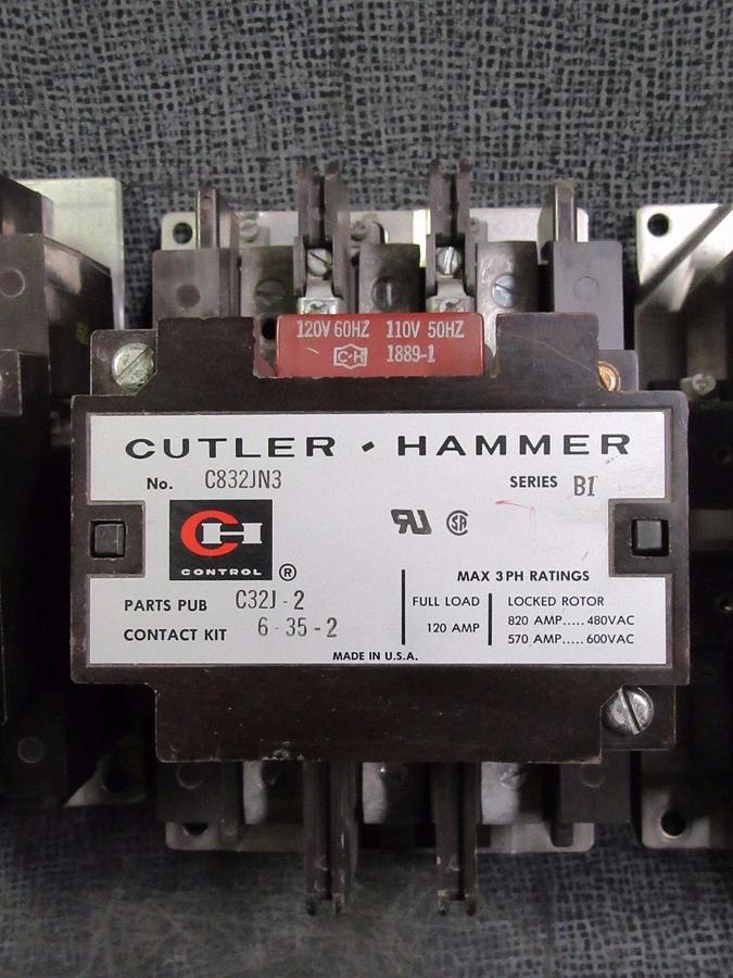 Used (1) CUTLER HAMMER CONTACTOR 120 AMP 600V 3 PHASE 110-120V COIL MODEL: C832JN3