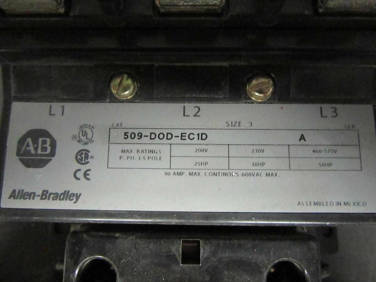 Used ALLEN BRADLEY STARTER 509-DOD-EC1D SER. A NEMA: 3 50 HP 600 VAC W/ 592-EC1DD