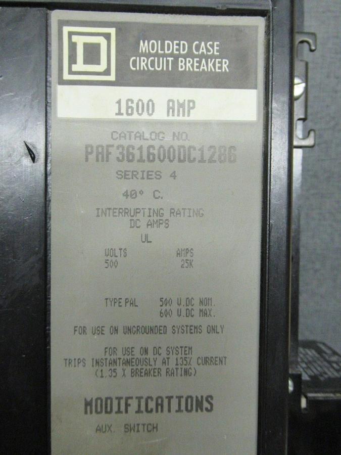 Used SQUARE D BREAKER PAF361600DC1286 1600A 600VDC W/ AUX SWITCH AND SHUNT TRIP