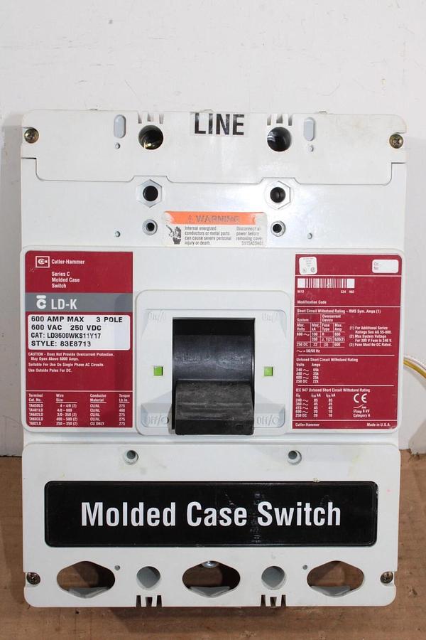 Used CUTLER HAMMER MOLDED CASE SWITCH LD3600WKS11Y17 600 AMP 600 VAC 3-POLE