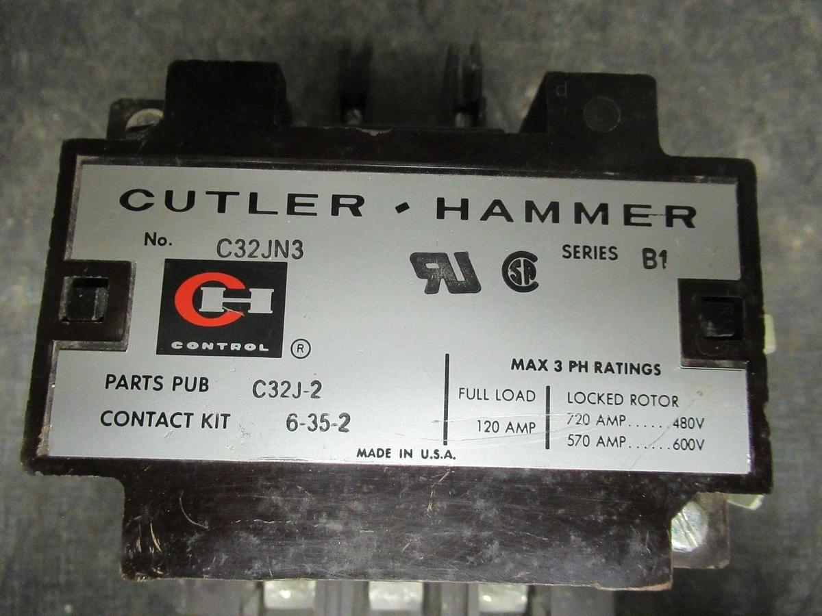 Used CUTLER-HAMMER CONTACTOR C32JN3 120 AMP 600 VOLT 3-PHASE COIL: 110/120V