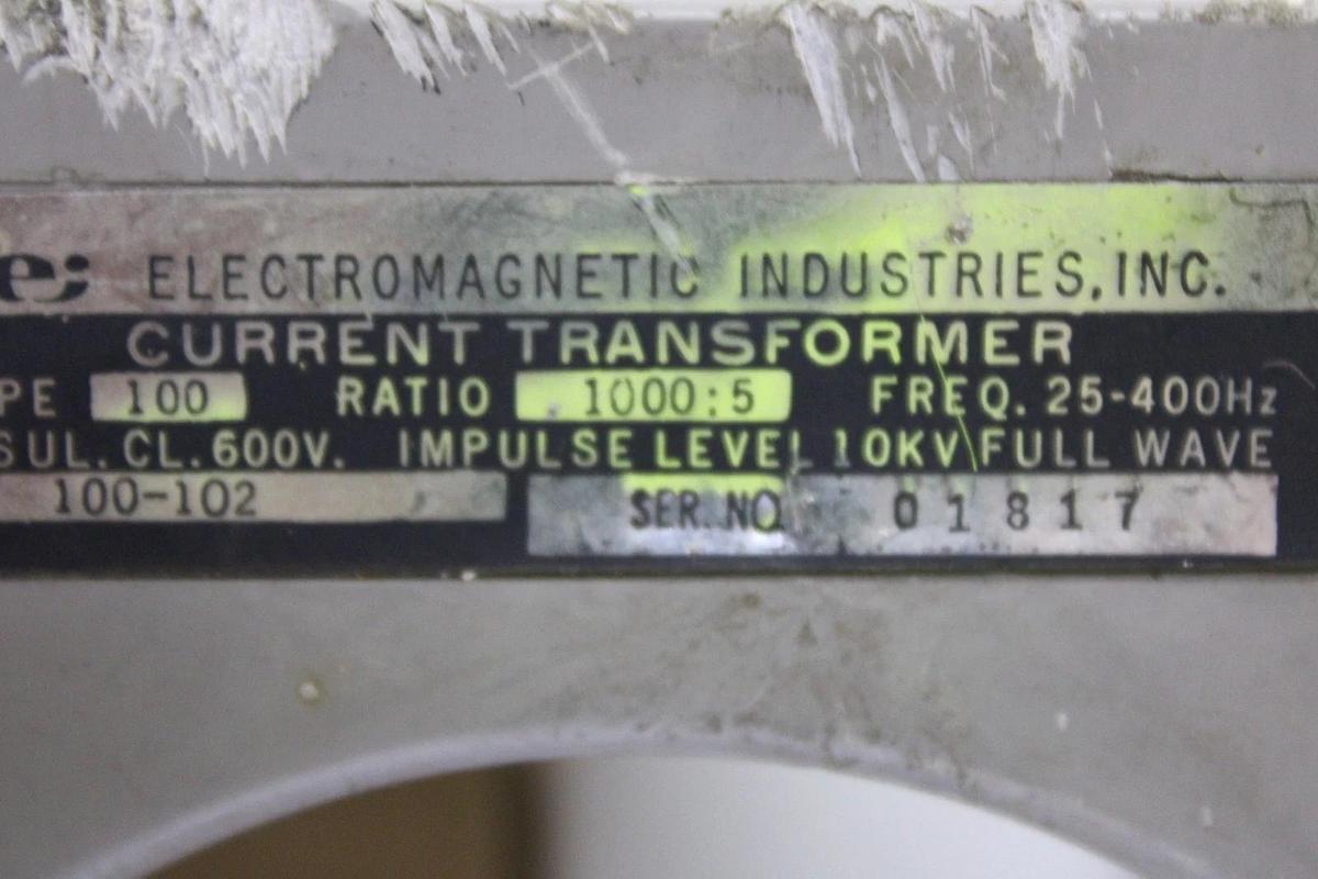 Used ELECTROMAGNETIC INDUSTRIES CURRENT TRANSFORMER 100-102 1000:5 25-400 HZ
