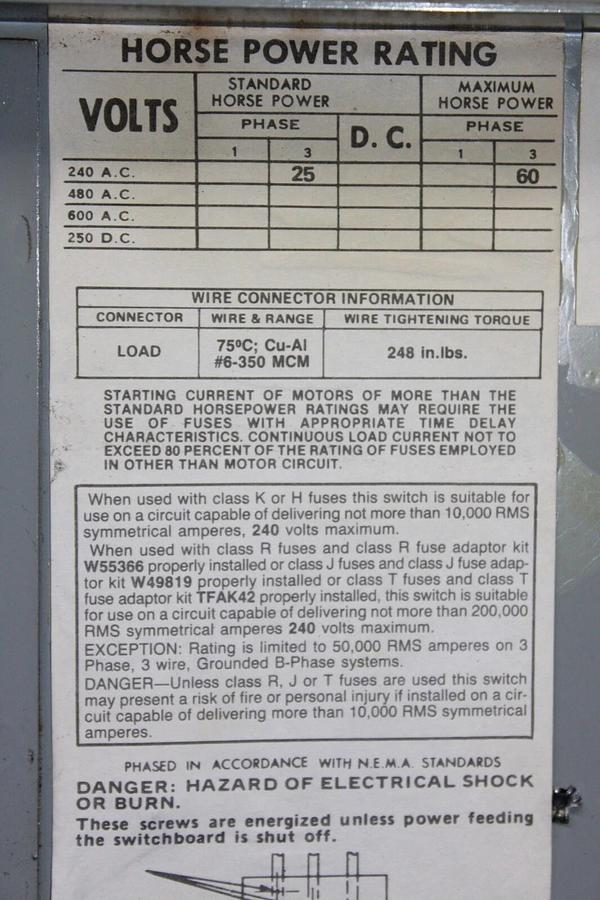 Used ITE FUSIBLE PANELBOARD DISCONNECT V7F3204 200 AMP 240 VOLT 3-PHASE 3-POLE