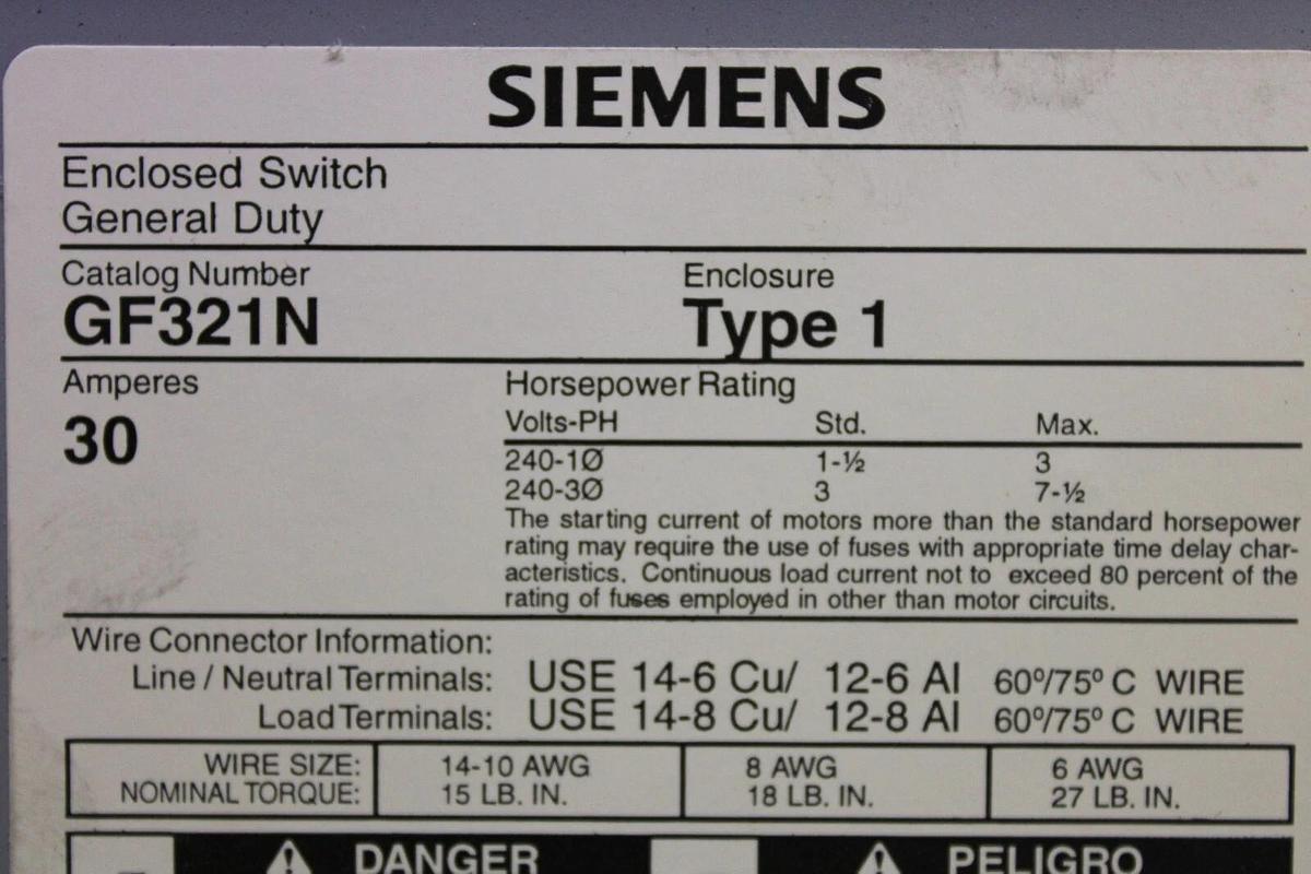 Used SIEMENS HEAVY DUTY ENCLOSED SWITCH GF321N 30 AMP 240 VAC TYPE 1 **WARRANTY**