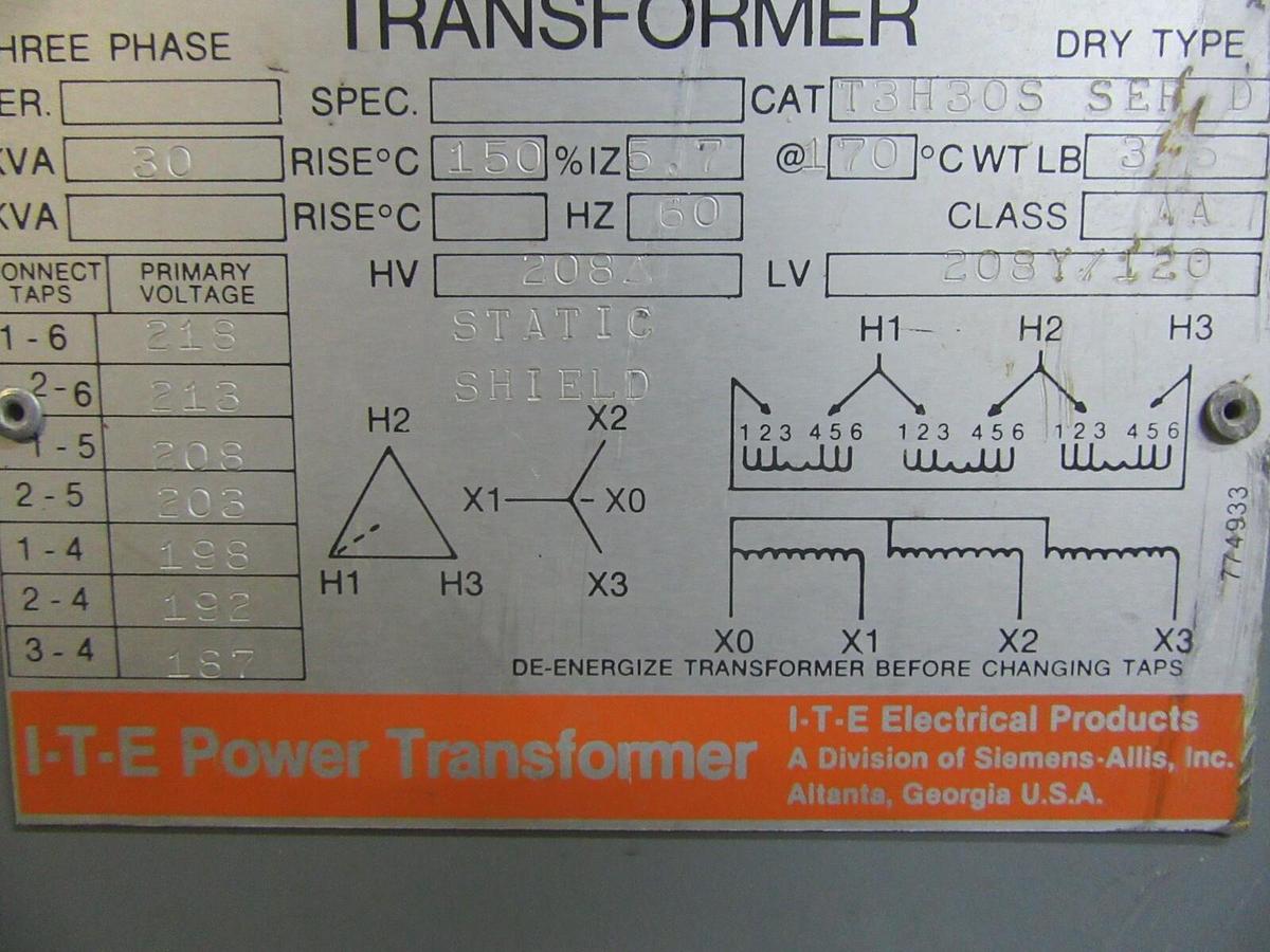Used ITE TRANSFORMER T3H30S 30 KVA PRI: 208V SEC: 208Y/120 CLASS: AA 60 HZ