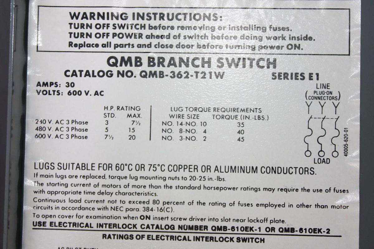 Used SQUARE D TANDEM DISCONNECT SWITCH QMB-362-T21W 30 AMP 600 VAC 3-PHASE
