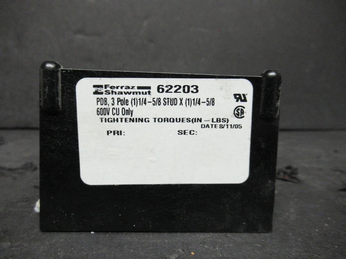 Used FERRAZ SHAWMUT POWER DISTRIBUTION BLOCK 62203 PDB62203 3-POLE 600 VOLT