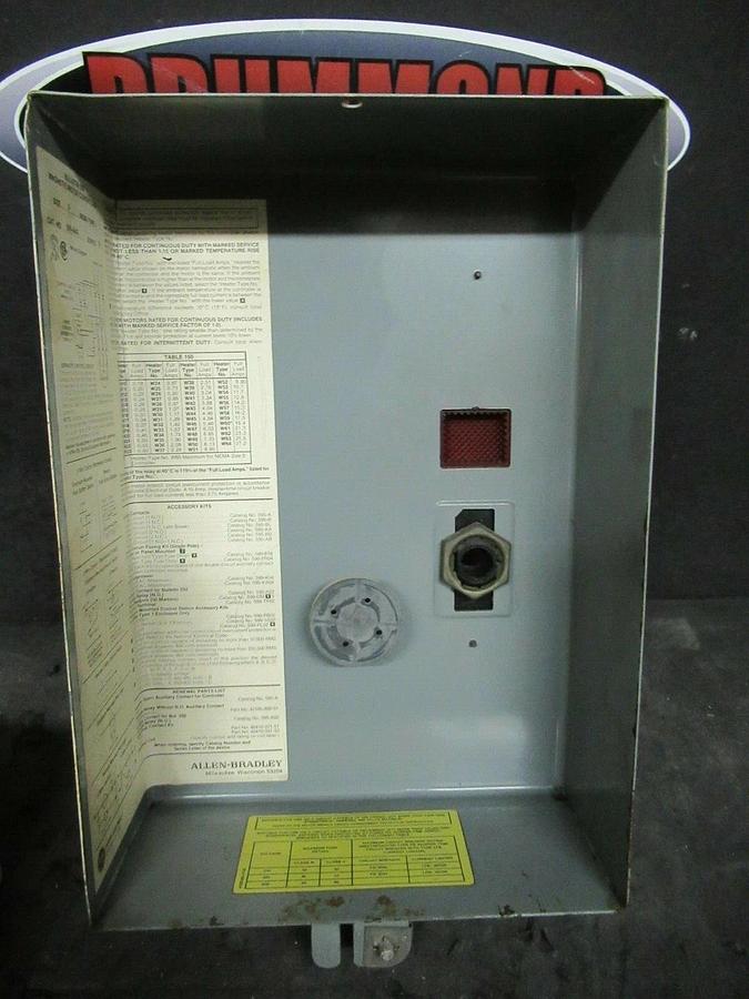 Used ALLEN BRADLEY ENCLOSED STARTER SIZE 0 NEMA TYPE 1 509-AAD SER. B W/ 509-AOD