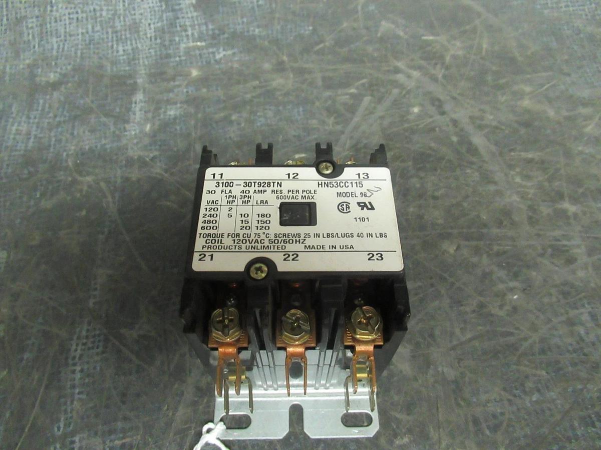Used PRODUCTS UNLIMITED CONTACTOR 3100-30T928TN HN53CC115 600V 30A COIL: 120V