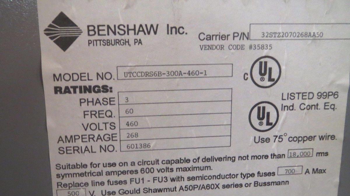 Used BENSHAW CARRIER SOLID STATE CHILLER SOFT START 268A @ 460V # UTCCDRS6B-300A-460