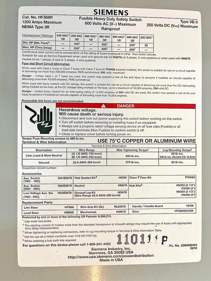 Used SIEMENS FUSIBLE HEAVY DUTY DISCONNECT HF368R 1200 AMP 600 VOLT 3-PHASE NEMA 3R