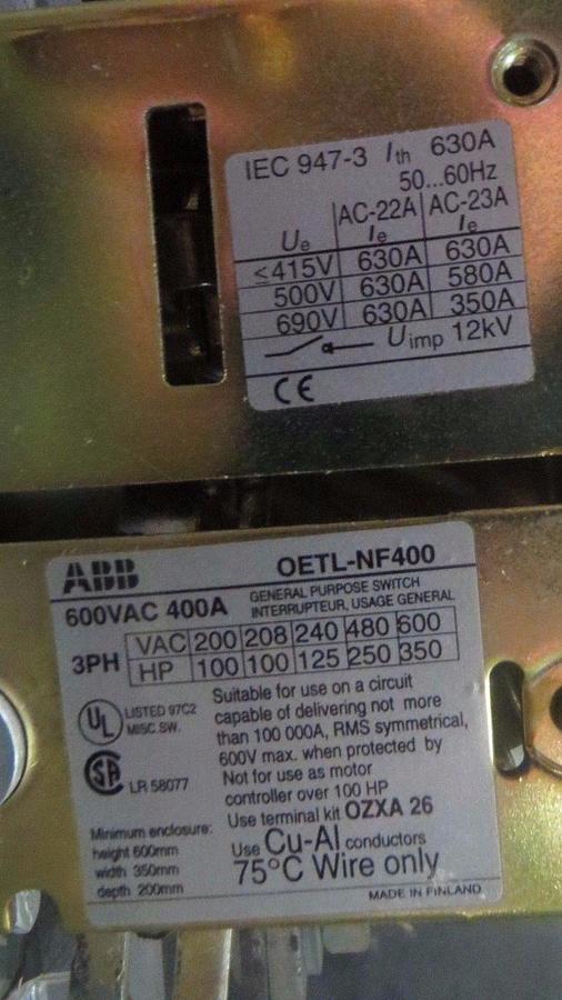 Used ABB GENERAL PURPOSE SWITCH 400 AMP 600 V 3 PHASE 350 HP   MODEL: OETL-NF400