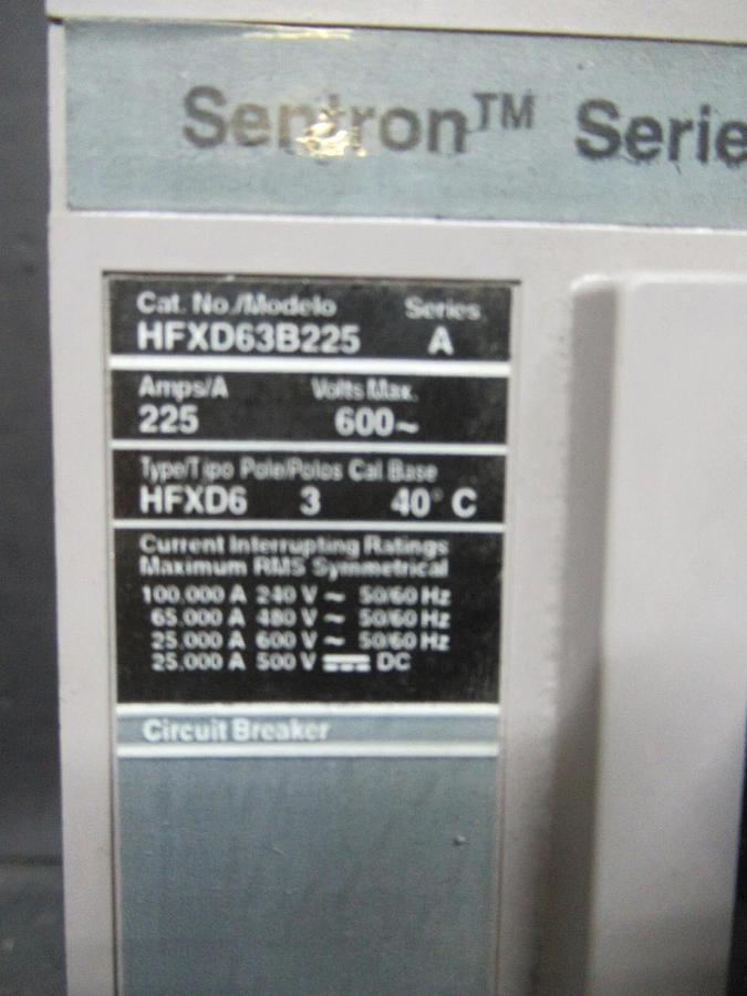 Used SIEMENS SENTRON BREAKER HFXD63B225 225 AMP 600 VAC 3-POLE TYPE: HFXD6