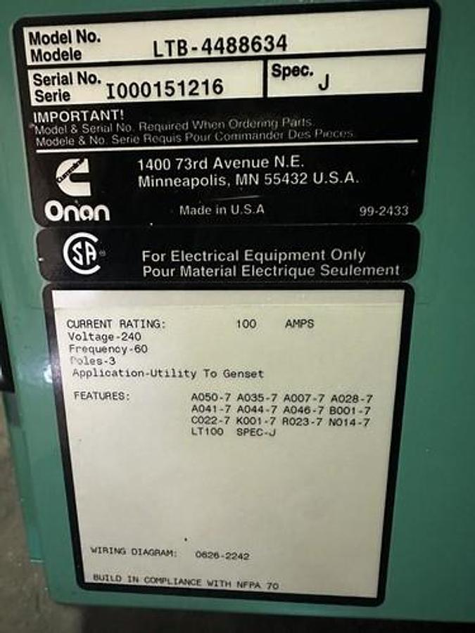 Used 100 AMP ONAN ATS AUTOMATIC TRANSFER SWITCH 240 V 1 PH 3 POLE LTB-4488634