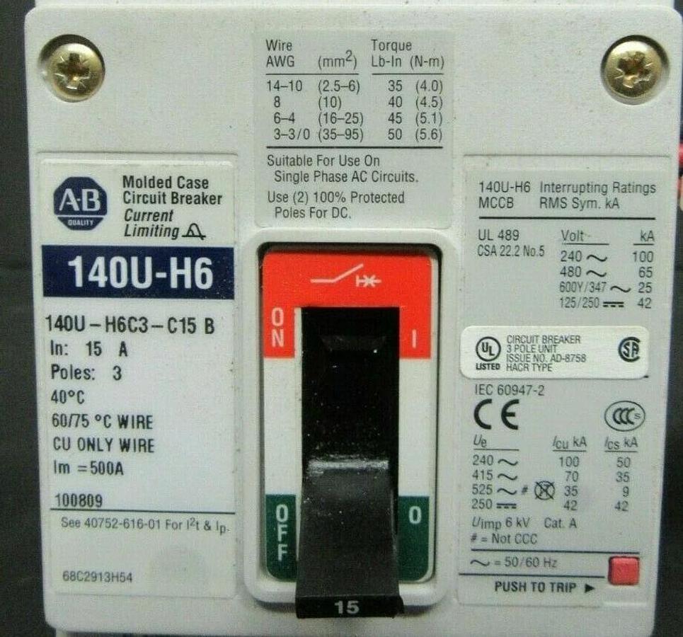 Used 15 AMP ALLEN BRADLEY BREAKER 140U-H6C3-C15 3 POLE 480 VAC **WARRANTY INCLUDED**