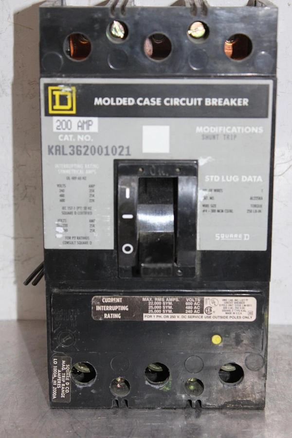 Used SQUARE D CIRCUIT BREAKER KAL362001021 200 AMP 600 VAC 3-POLE W/ SHUNT TRIP