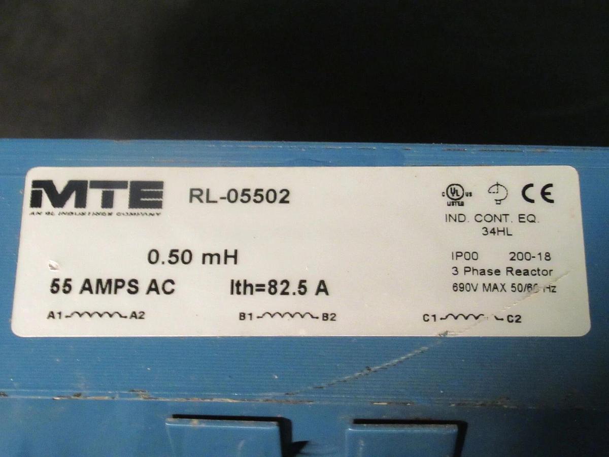 Used MTE CORPORATION 3 PH REACTOR CAT# RL-05502 P/N: 200-18 0.50 mH 55 AMP 600 V MAX