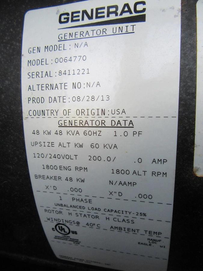 Used 48 KW 50 KW GENERATOR GENERAC NAT GAS LP PROPANE 120/240 V 1 PH 142 HRS WE SHIP