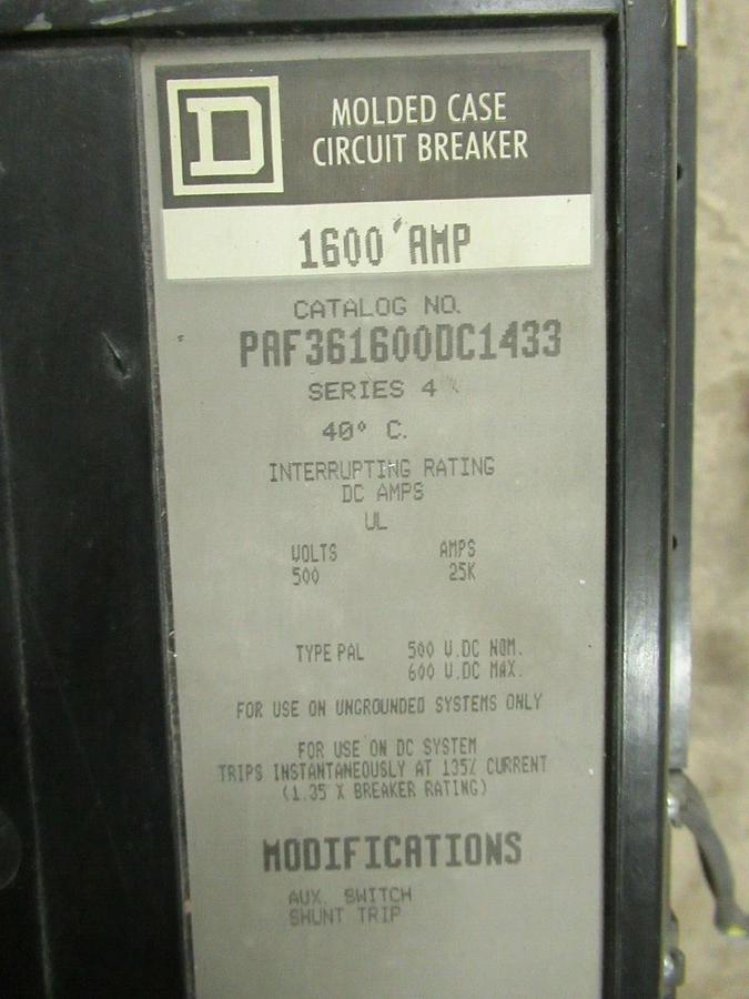 Used 1600 AMP SQUARE D DC BREAKER PAF361600DC1433 600 VDC 3 POLE **WARRANTY**