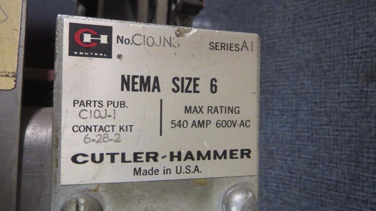 Used CUTLER-HAMMER CONTACTOR C10JN3 NEMA SIZE 6 540 AMP 600 VAC 3-POLE 3-PHASE