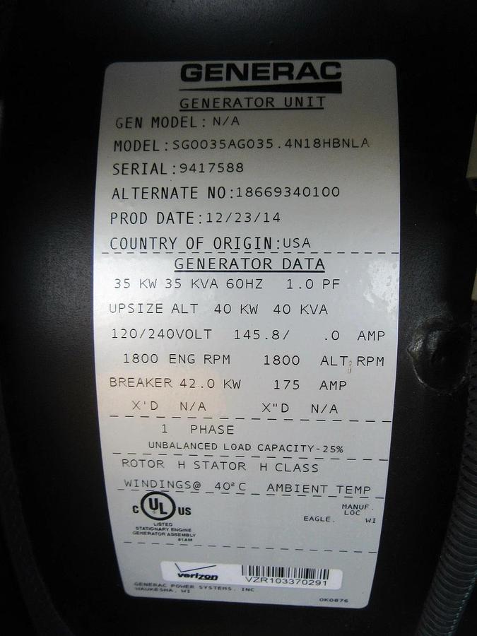 Used 35 KW GENERATOR GENERAC NATURAL GAS LP PROPANE 120/240 V 1 PH 30 KW 40KW 150 HRS