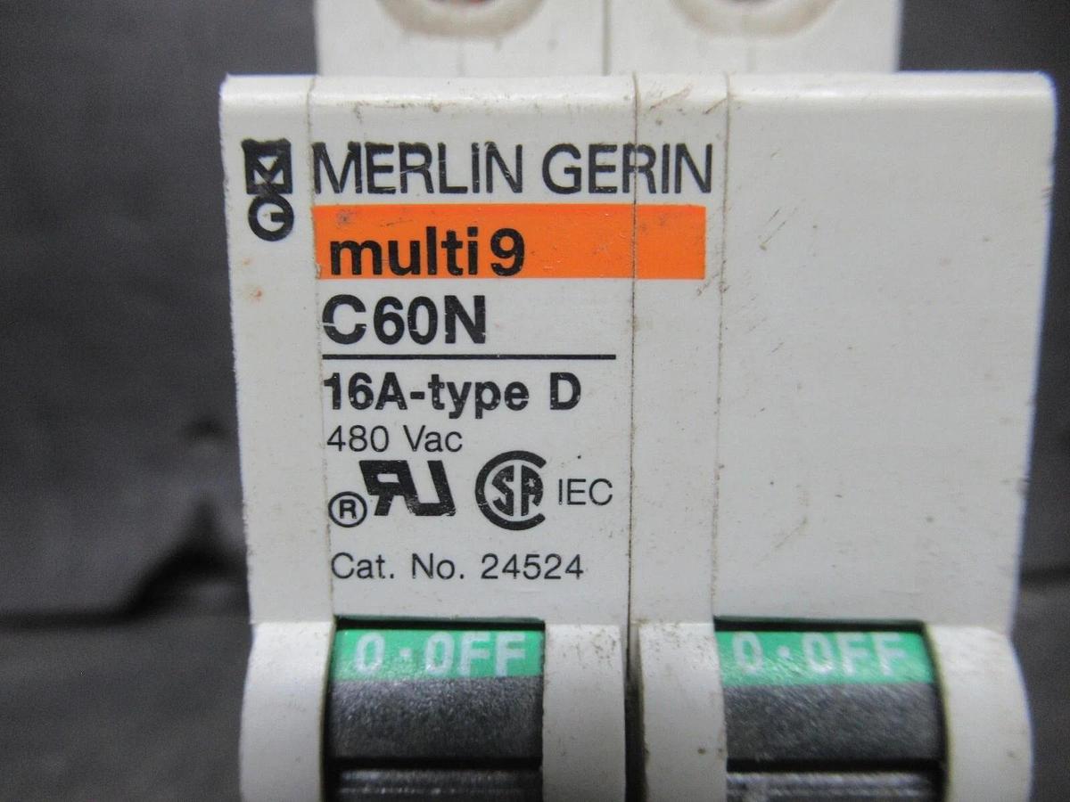 Used MERLIN GERIN TWO POLE BREAKER 24524 MULTI 9 C60N 16A-TYPE D 480 VAC