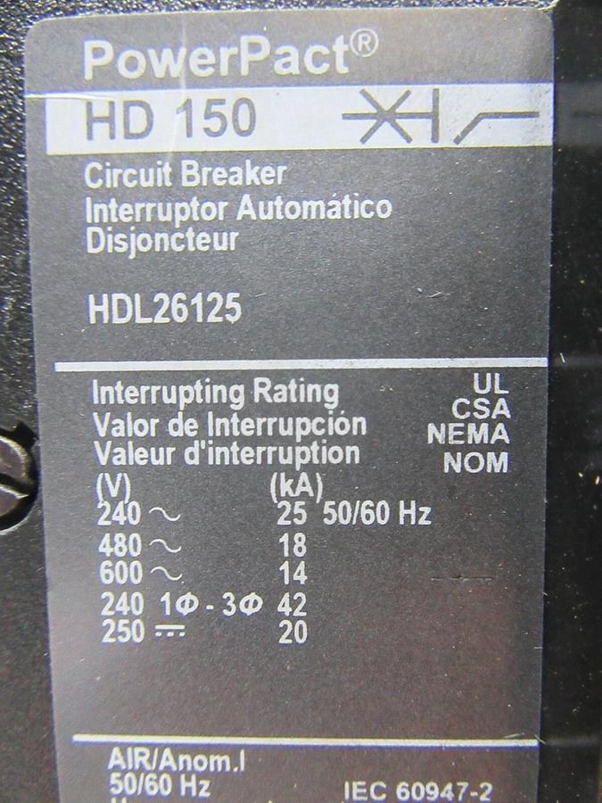 Used SQUARE D POWERPACT CIRCUIT BREAKER HDL26125 2-POLE 125 AMP 600 VAC **WARRANTY**