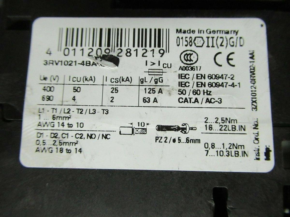 Used SIEMENS MANUAL MOTOR START 3RV1021-4BA10 600 VAC 20 AMP 20 HP