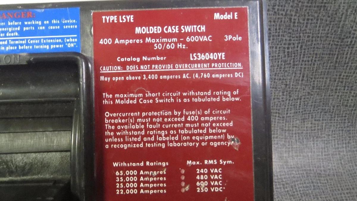 Used 400 AMP CUTLER HAMMER MOLDED CASE SWITCH 600 VAC 3 POLE MODEL: LS36040YE