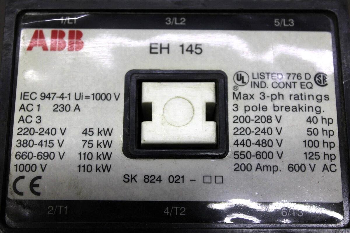 Used ABB CONTACTOR EH-145 600 VAC 3-POLE 200 AMP 125 HP COIL: 24VDC
