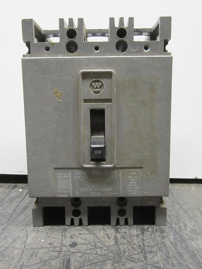 Used WESTINGHOUSE 3-POLE CIRCUIT BREAKER HFB3100 100 AMP 600 VAC 4976D04G44