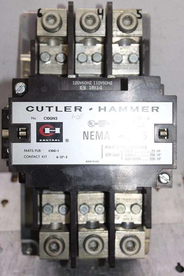 Used CUTLER-HAMMER NEMA CONTACTOR C10GN3 NEMA SIZE 5 270 AMP 600 VOLT 3-PHASE