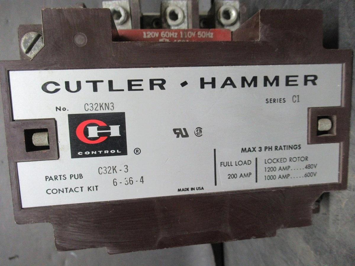 Used CUTLER-HAMMER CONTACTOR C32KN3 SER. C1 200 AMP 600V COIL: 110/120 V