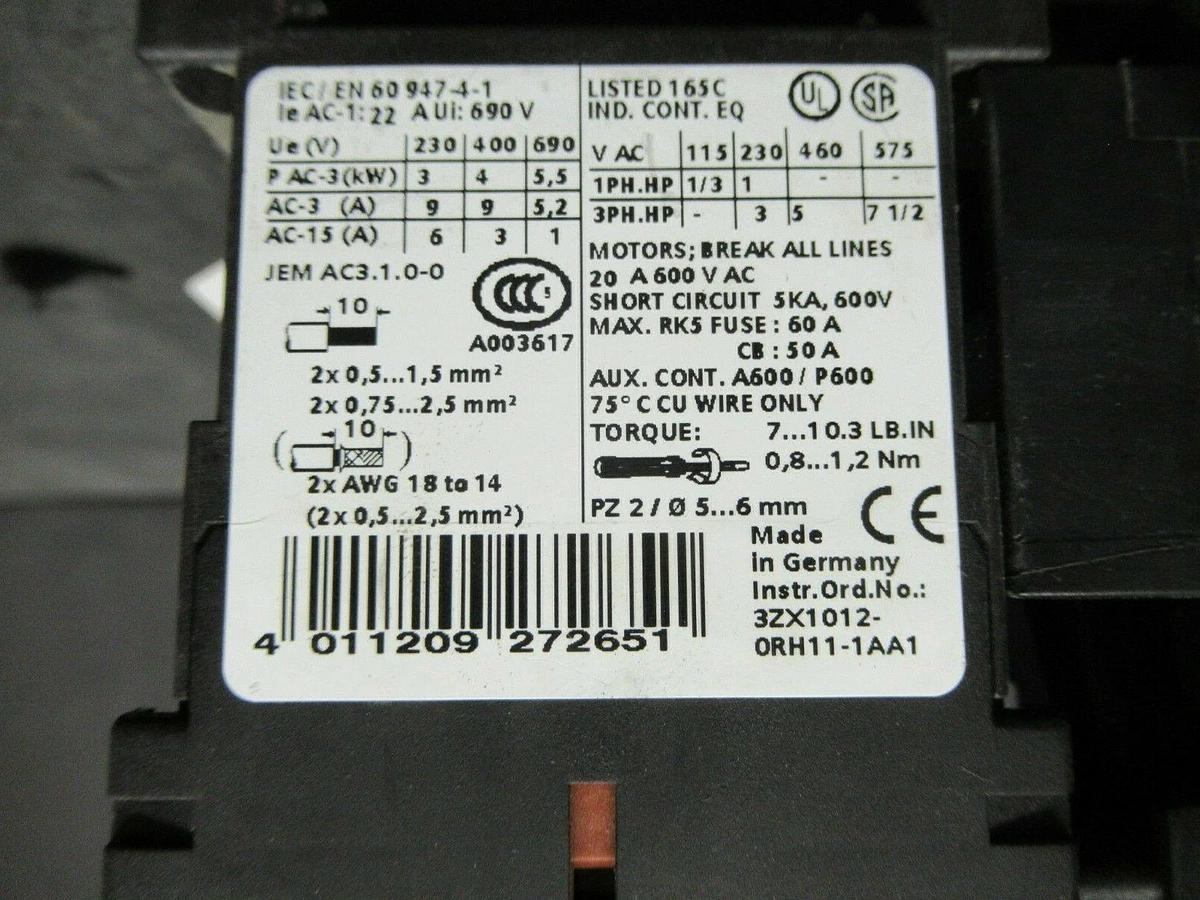 Used SIEMENS MANUAL MOTOR START 3RV1021-1KA10 600 VAC 12 AMP 10 HP