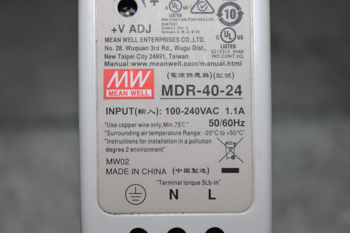 Used MEAN WELL POWER SUPPLY MDR-40-24 INPUT: 100-240 VAC 1.1A OUTPUT: 24 VDC 1.7A
