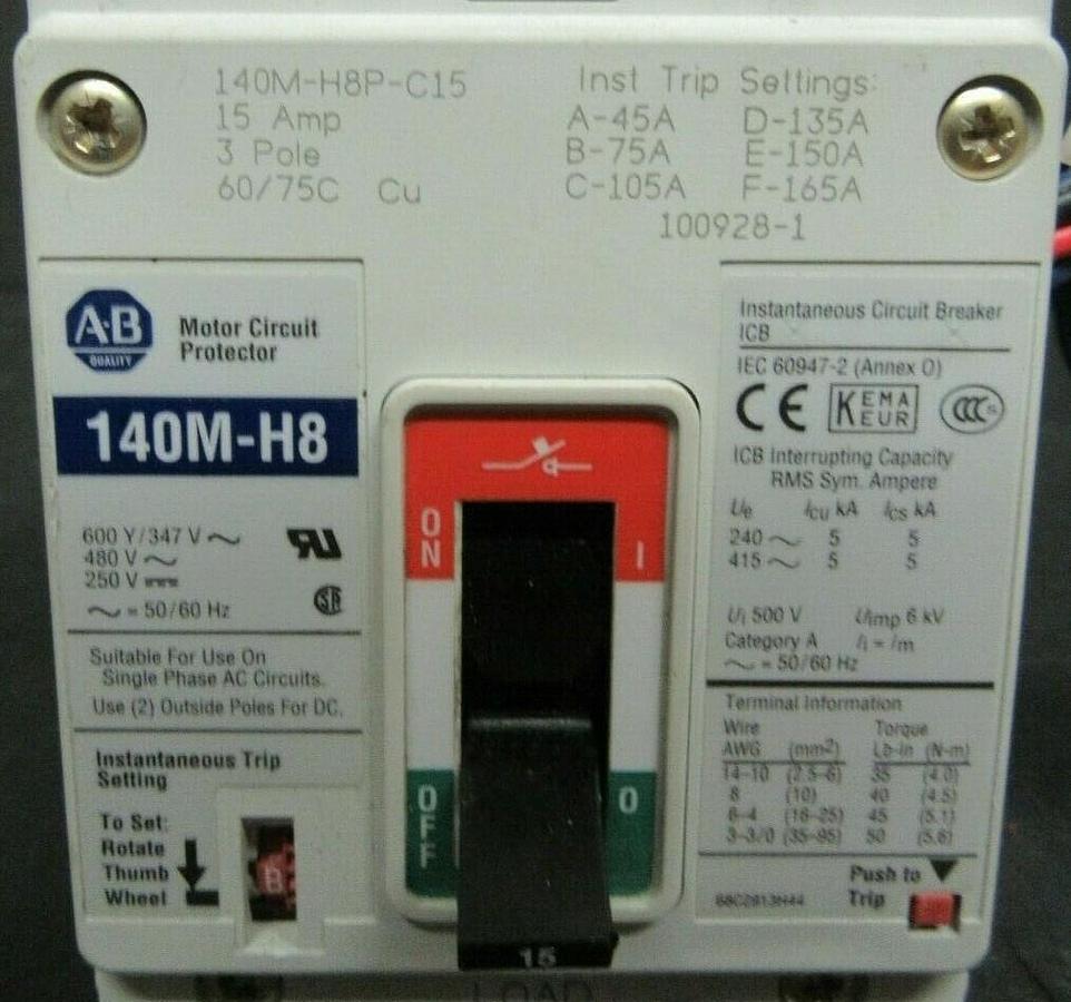 Used 15 AMP ALLEN BRADLEY BREAKER 140M-H8P-C15 3 POLE 480 VAC **WARRANTY INCLUDED**